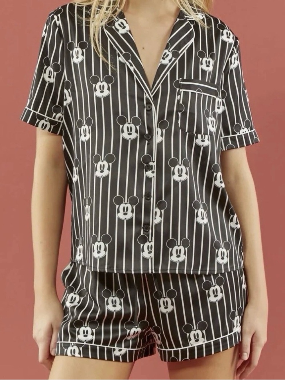 Forever 21 Black and White Striped Mickey Pajama Shorts Set